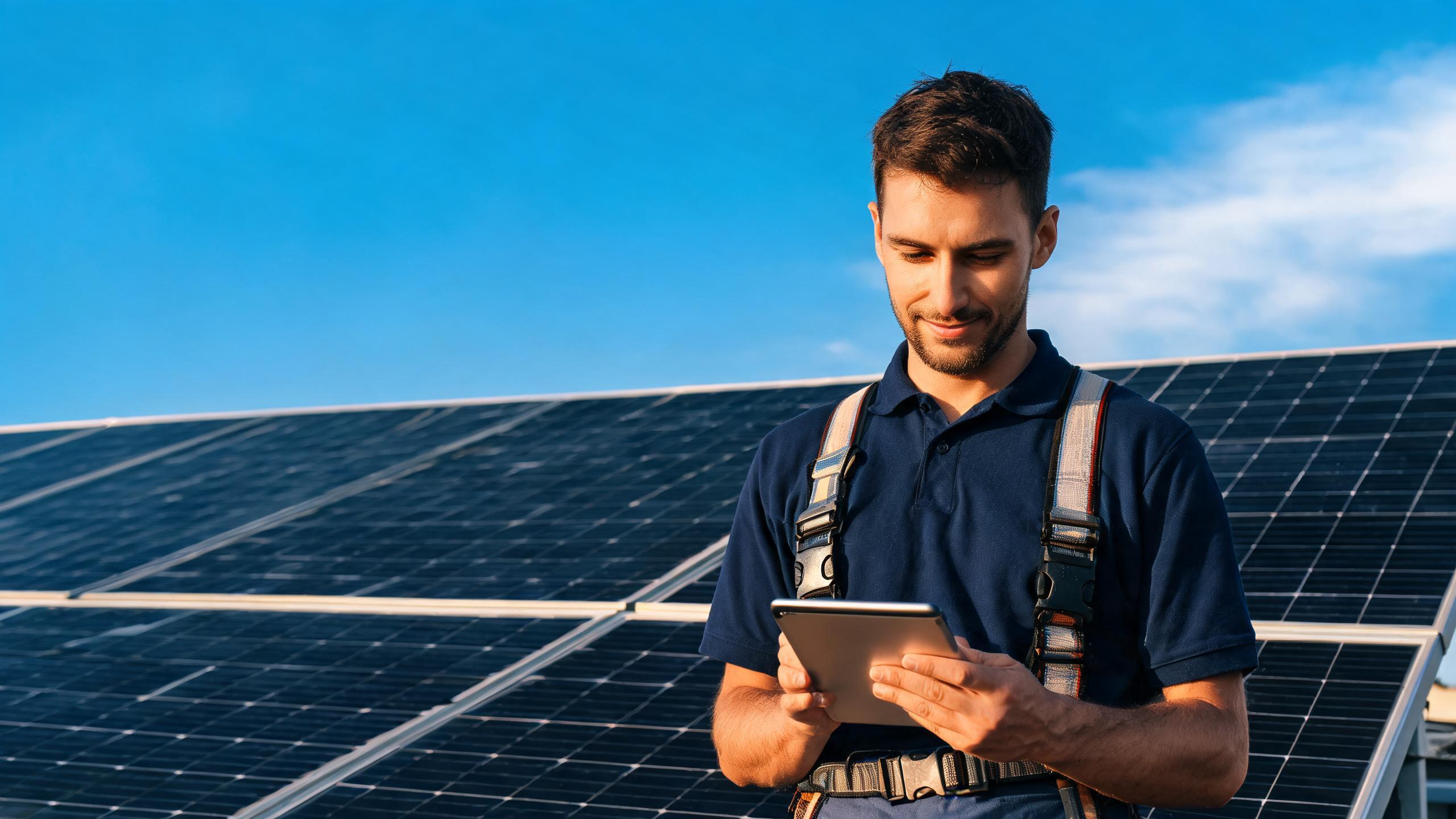 Técnico solar conferindo dados em um tablet
